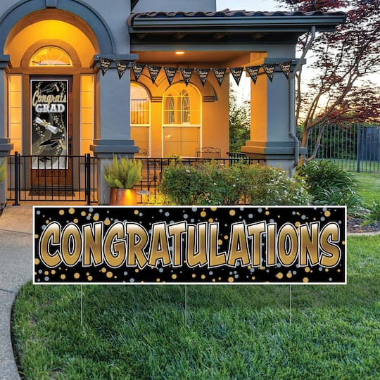 Beistle 11" x 12ft. Black & Gold Metallic Congrats Grad Pennant Banners, 2ct.